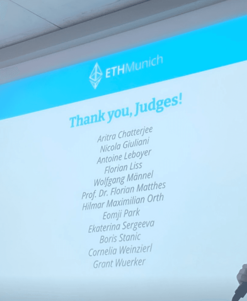ETHMunich 2023 'Thank you, Judges!' slide listing Aritra Chatterjee